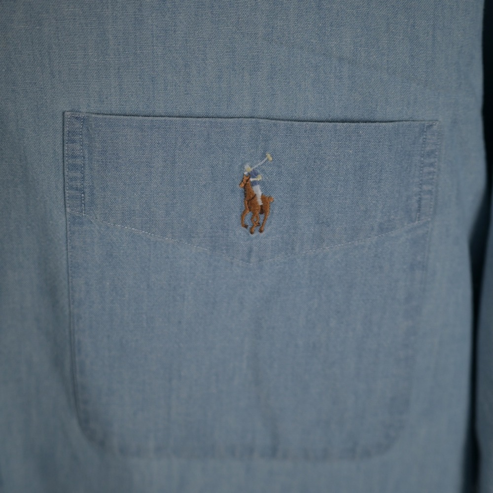 Vintage 90's Ralph Lauren Big Shirt Mens Small Blue Denim Long Sleeve Pony - Picture 4 of 7